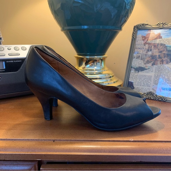 Clarks Black Leather Peep-Toe Heels - Picture 2 of 7